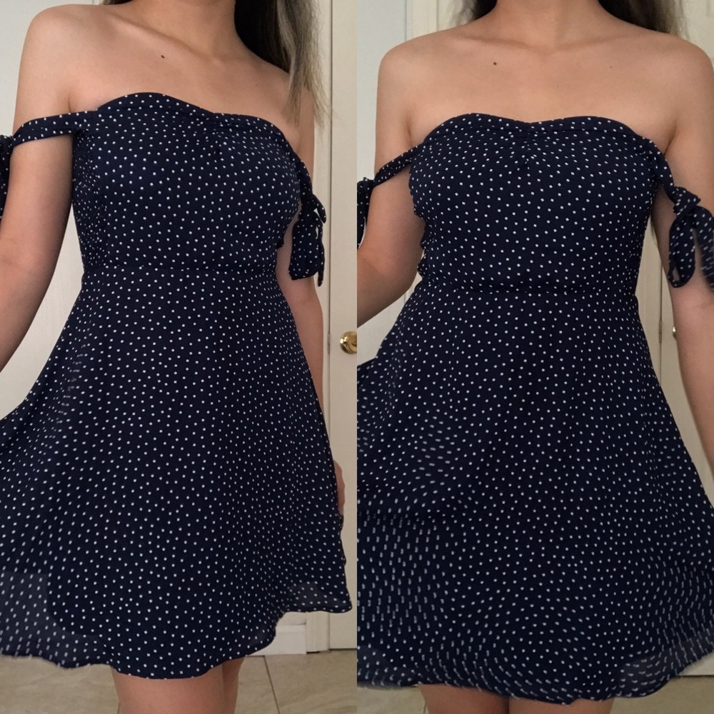 Navy Blue Print Off-the-Shoulder Skater Dress
